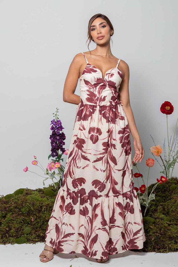 Vestido Largo Floral Bicolor Escote en V