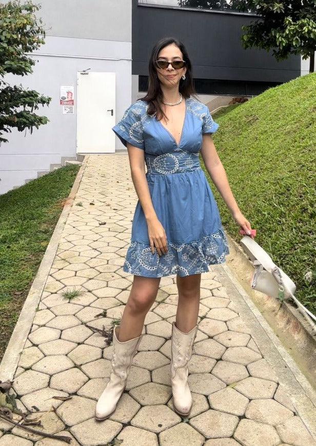 Vestido Corto Manga Con Ojalillo - Sin Igual